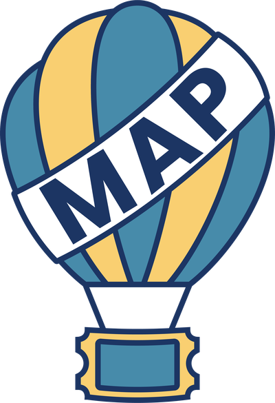 hot air balloon with map written diagonally from bottom to top